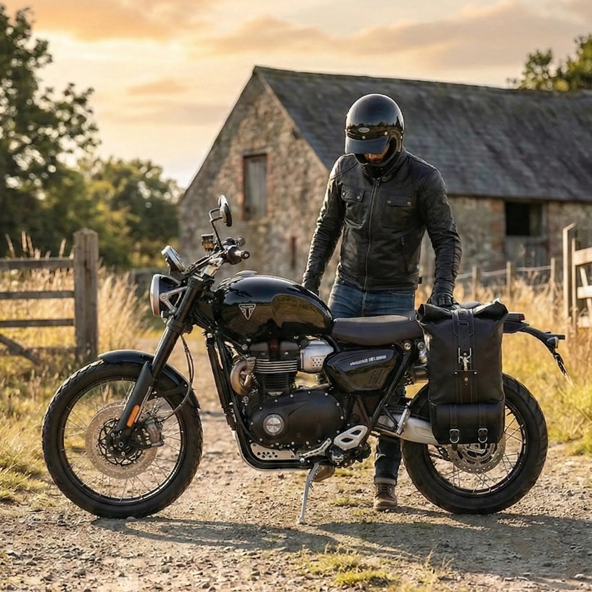 A black adventure motorcycle with a black leather and waxed canvas saddlebag is parked on a dirt road in front of a stone barn, with a person in a black helmet and leather jacket standing beside it.
