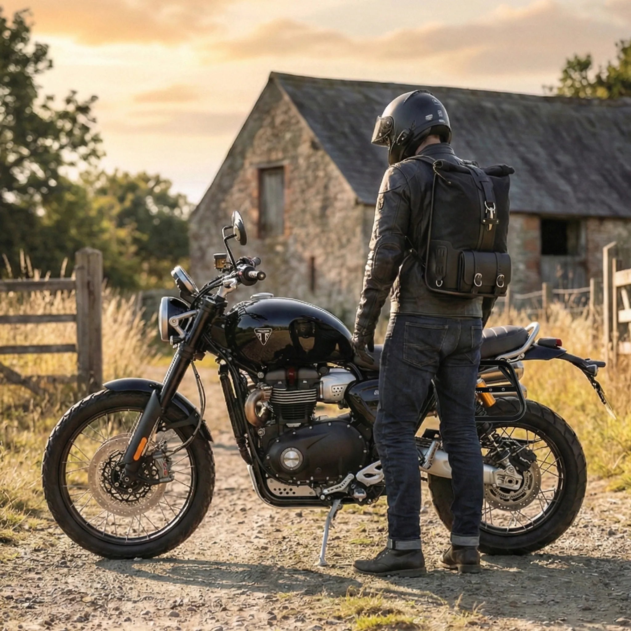 A person in a black helmet, leather jacket, jeans, and boots stands beside a black adventure motorcycle on a gravel path, wearing a black backpack, with a stone barn in the background during golden hour.